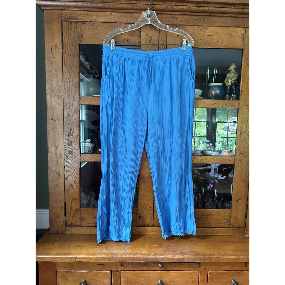 Mododoc LA crinkled cotton blue casual drawstring pants pockets Large